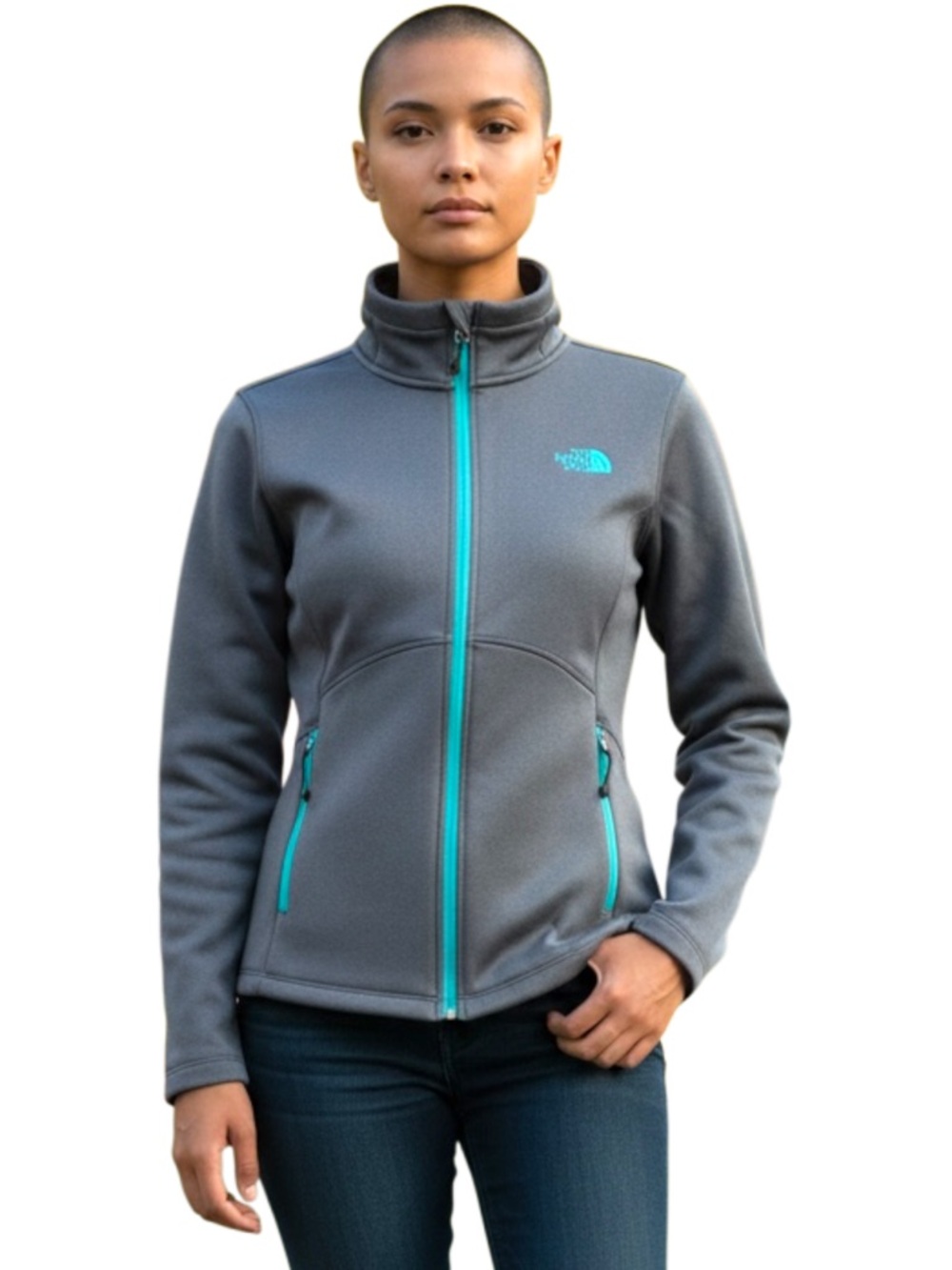 The North Face Gray Teal Accents Zip Up Fleece Jacket (L)